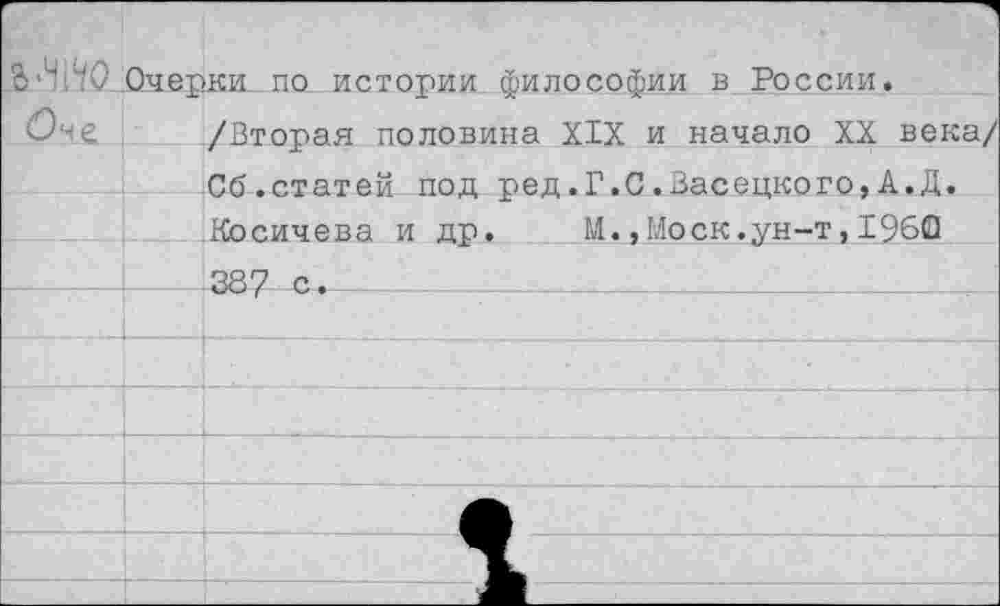 ﻿3’4140 Очерки по истории философии в России.
Оне /Вторая половина XIX и начало XX века/
Об.статей под ред.Г.С.Васецкого,А.Д.
Косичева и др.	М.,Моск.ун-т,1960